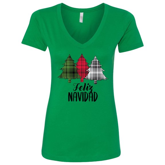 Inktastic Feliz Navidad Plaid Trees Women's V-Neck T-Shirt