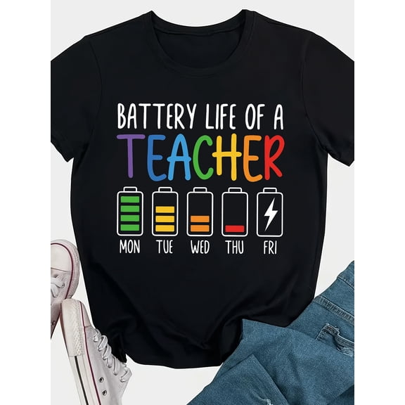 Teacher Letter Print Casual Short Sleeve Round Neck Cotton T-Shirt for Women Daily Wear