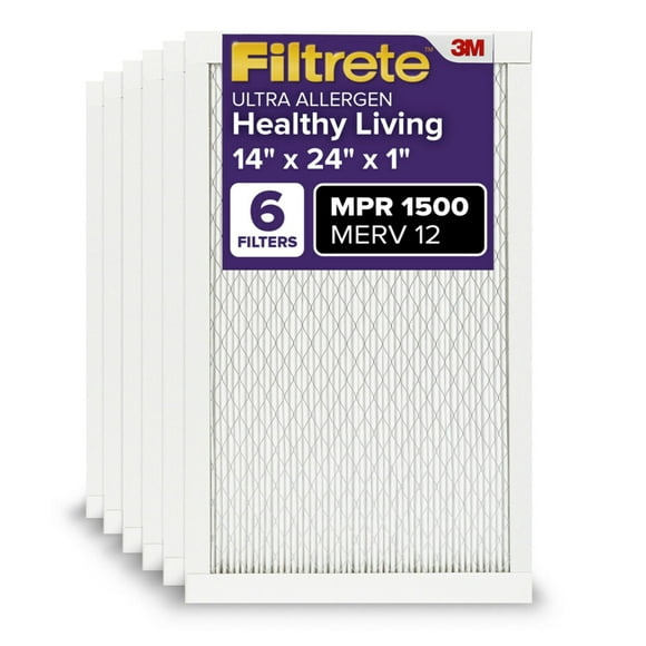 Filtrete 14x24x1 AC Furnace Air Filter MERV 12 MPR 1500 CERTIFIED asthma & allergy friendly 3 Month Pleated 1-Inch Electrostatic Air Cleaning Filter 6-Pack (Actual Size 13.81x23.81x0.78 in)