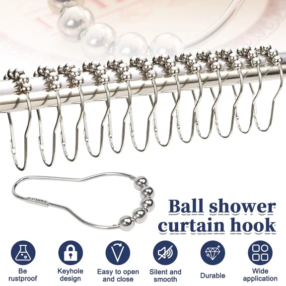 12Pc Metal Shower Curtain Hooks Rings Double Glide Roller Set For Bathroom