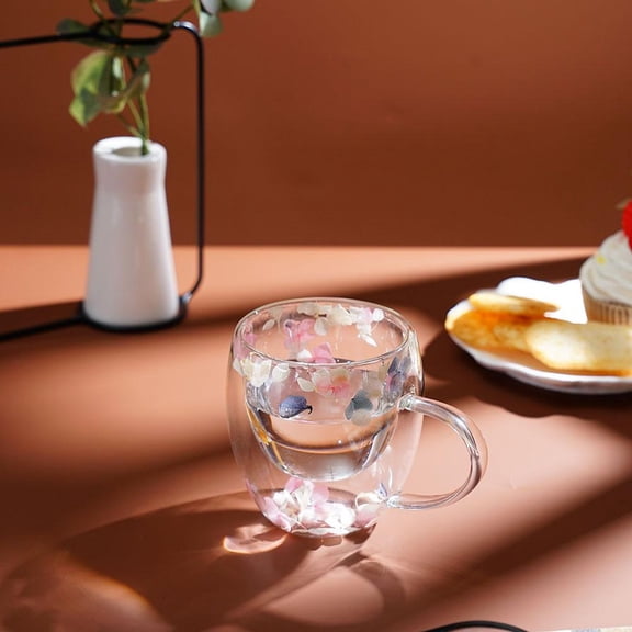 Double Glass Flower Tea Cup, Handcrafted, Elegant & Gift-Worthy, Flower Double Wall Glass Coffee Mugs, Clear Insulated Coffee Mugs
