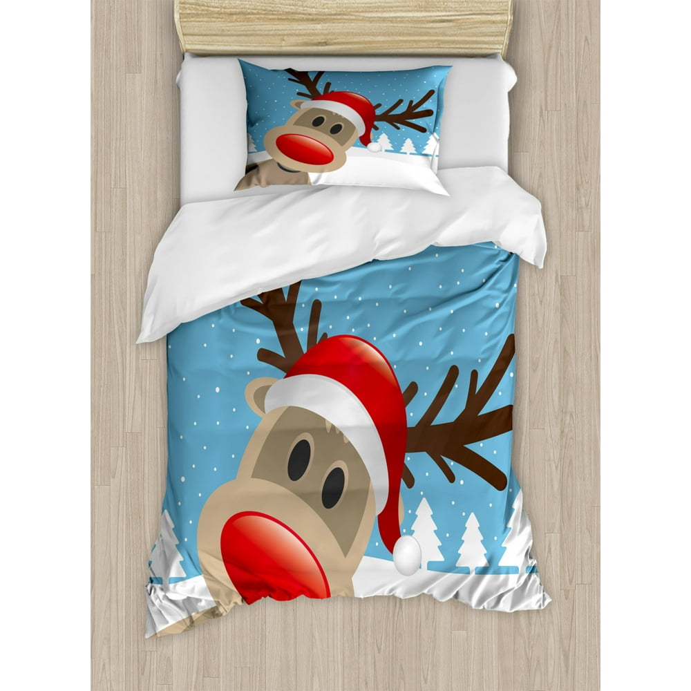 Christmas Duvet Cover Set, Reindeer Rudolph with Red Nose and Santa