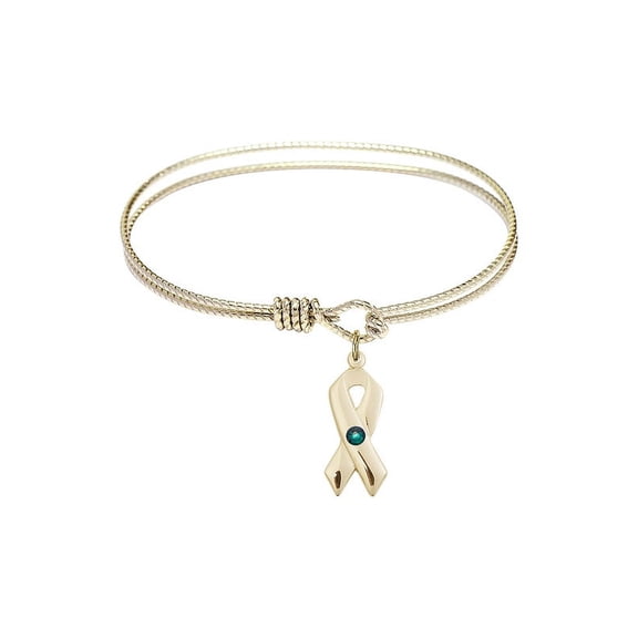 6 1/4 inch Oval Eye Hook Bangle Bracelet w/ Cancer Awareness medal charm w/ May Green Swarovski Crystal