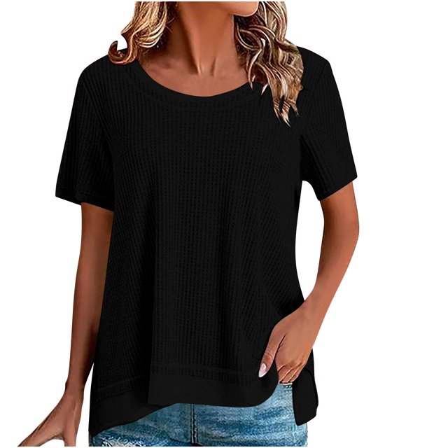 Plebaso Hauts d'Été pour Femmes T-Shirts Décontractés Col Rond Manches Courtes Couleur Unie Pull Ample Blouses