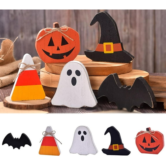 5 PCS Halloween Wooden Decoration Cute Halloween Tiered Trays Decorations Indoor Crow Witch Hat Candy Corn Bat Table Sign,Halloweens Table Sign for Party Home Farmhouse Indoor Decorations