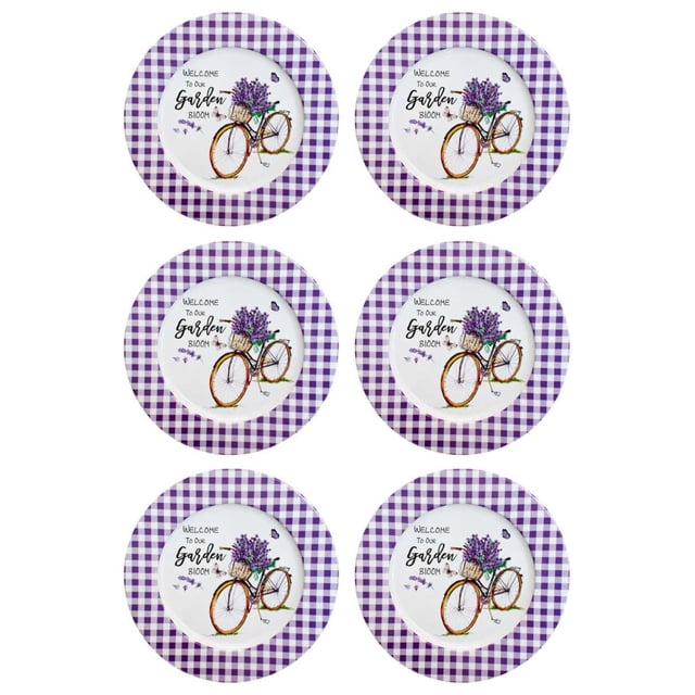 Juego 6 Platos Galerias El Triunfo Metal Cuadros Morados Blancos Bicicleta Con Flores 33cm