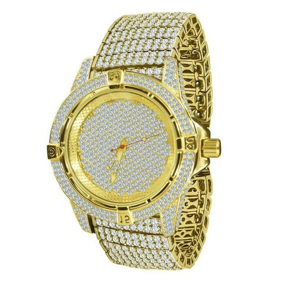 Mens 10 Row Custom Band Iced Out Dial Simulated Diamond Yellow Gold Tone Joe Rodeo Jojino Watch