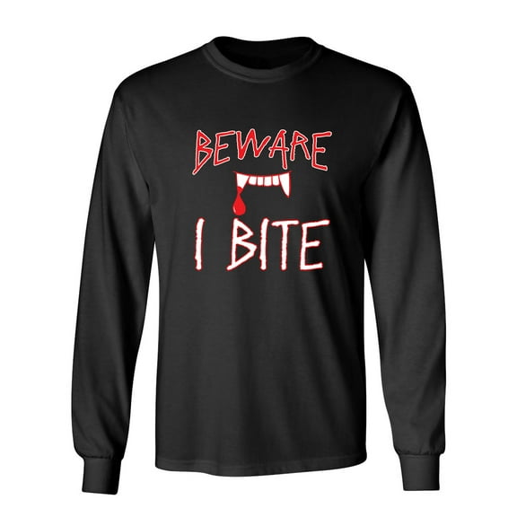 Beware I Bite Sarcastic Novelty Gift Idea Adult Humor Funny Men's Long Sleeve Shirts