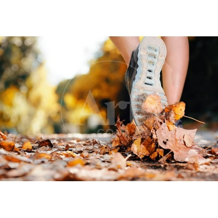 Close up of Feet of a Runner Running in Autumn Leaves Training for Marathon and Fitness Healthy Lif Print Wall Art By