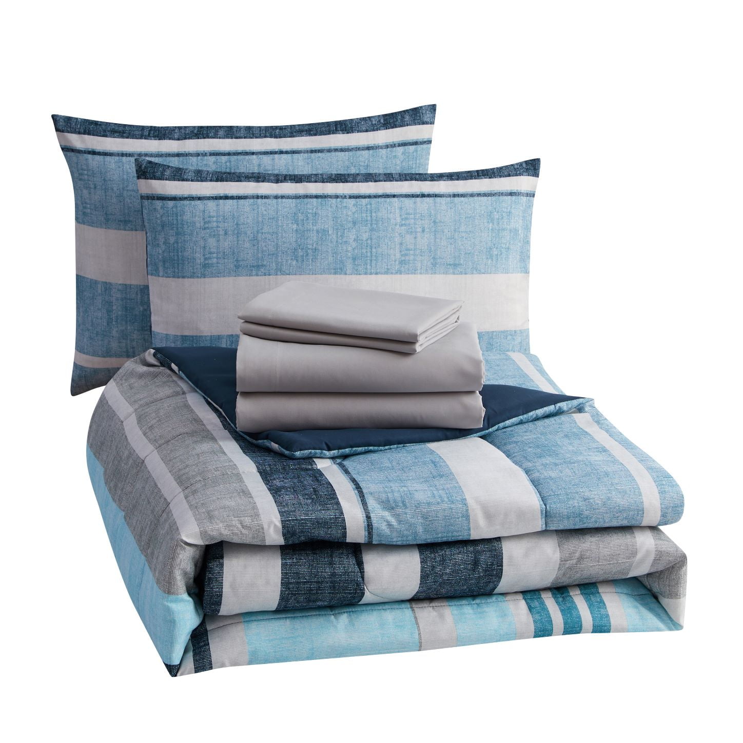 Mainstays 7 Piece Reversible Bed in a Bag Comforter Set with Sheets, Blue and Grey Stripe, Full