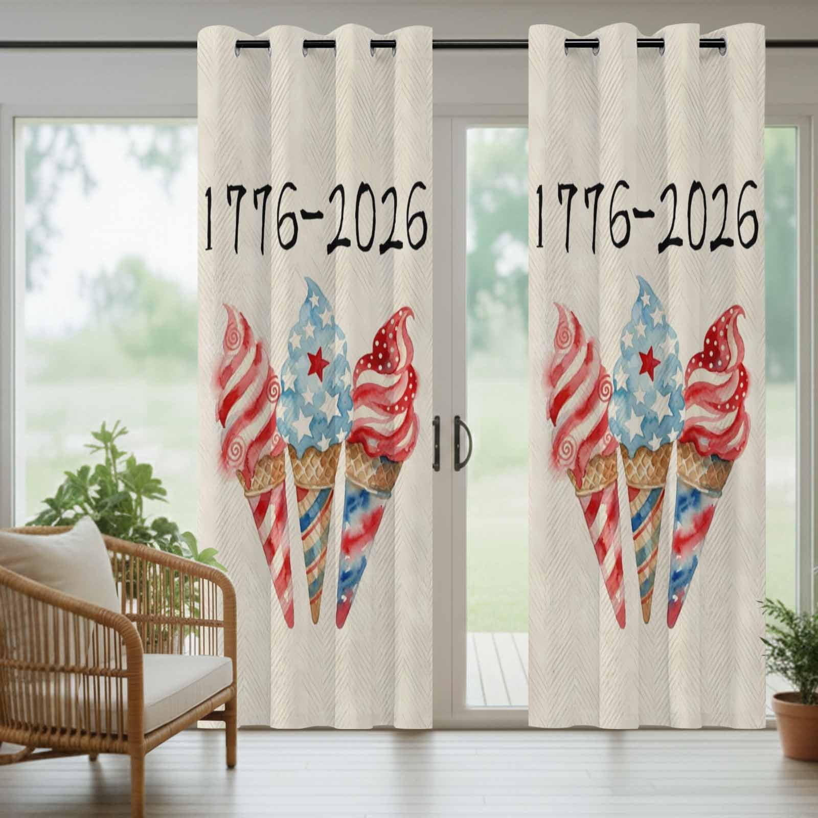 Independence Day Ice Cream Outdoor Curtains for Patio, 4th of July Patriotic Red Blue Star Ice Cream Sunshade Privacy Drapes Grommet Waterproof Outside Curtains for Porch Balcony 54"x108", 1 Panel