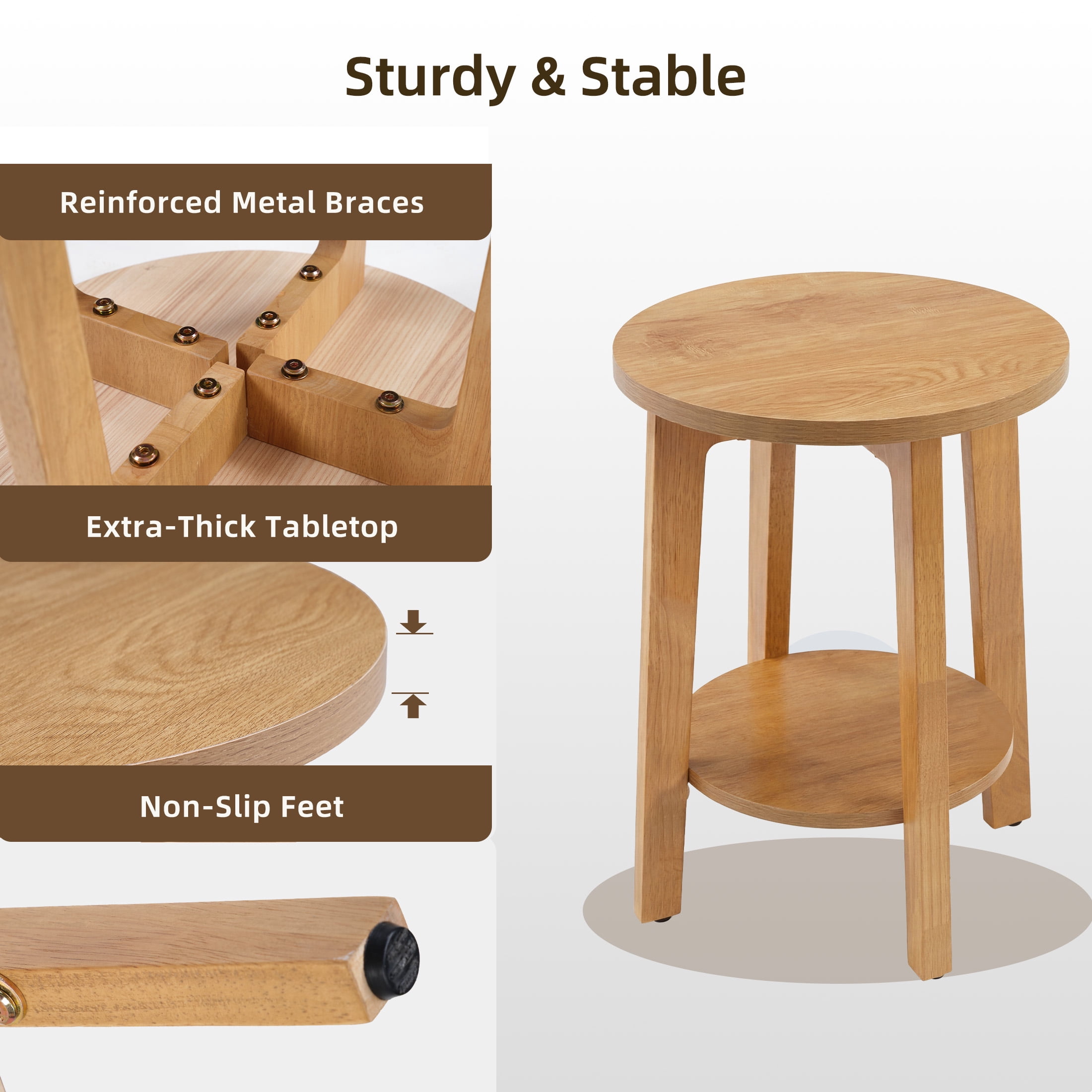 EDX Small Round End Table Set of 2, Modern Nightstand with Tapered Legs, 2-Tier Storage Side Table, Easy Assembly, Space-Saving Accent Table for Living Room Bedroom, Natural Wood