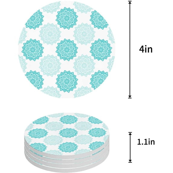 FMSHPON Mandala Pattern Aqua Green Texture Set of 6 Round Coaster for Drinks, Absorbent Ceramic Stone Coasters Cup Mat with Cork Base for Home Kitchen Room Coffee Table Bar Decor