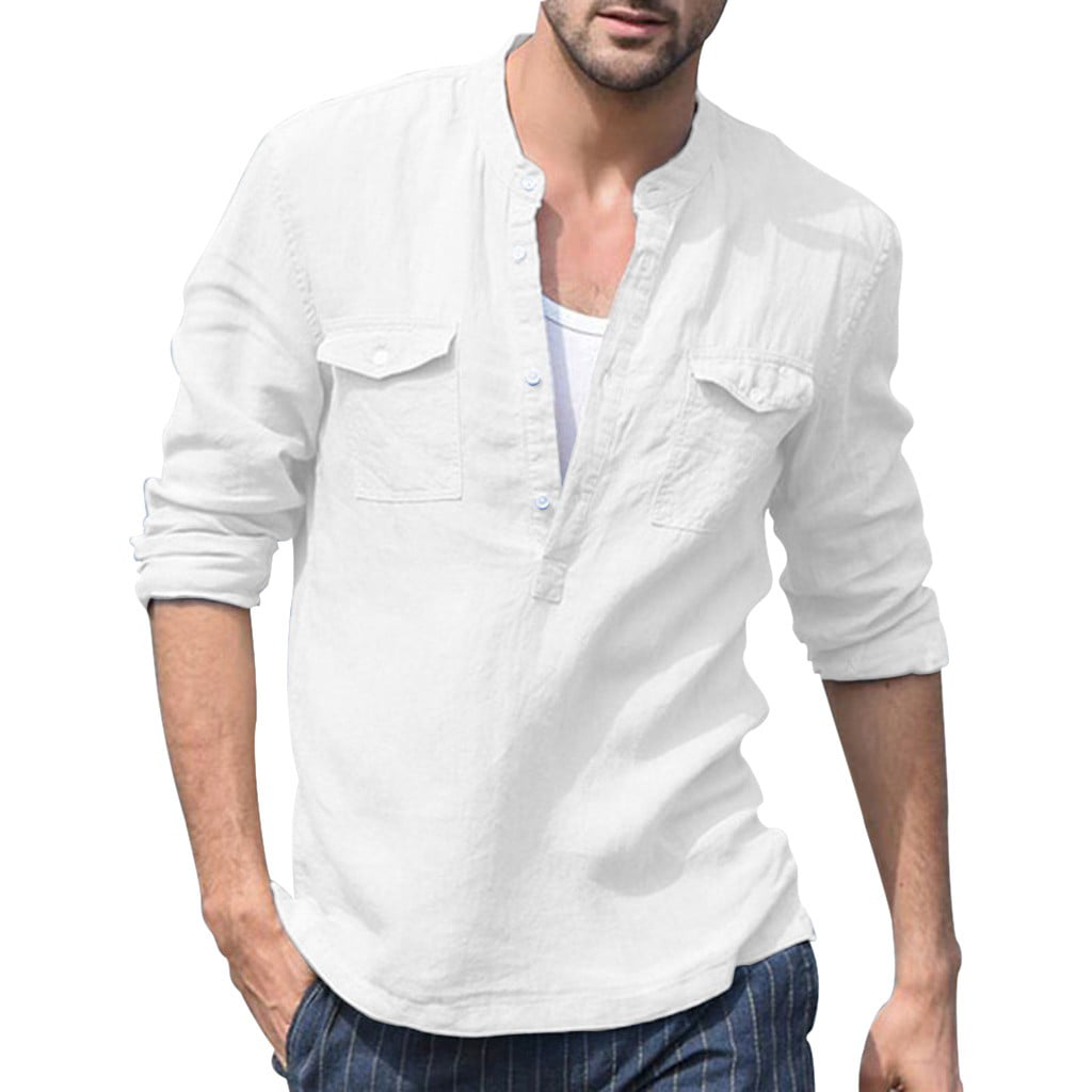 Men's Long Sleeve Baggy Linen Cotton Retro V Neck Casual T Shirts Tops Blouse 