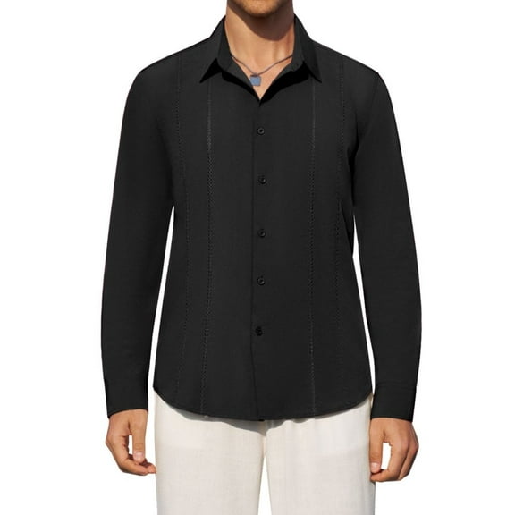 sogami Mens Button Down Shirt Linen Guayabera Shirts For Men Black Casual Long Sleeve Shirt