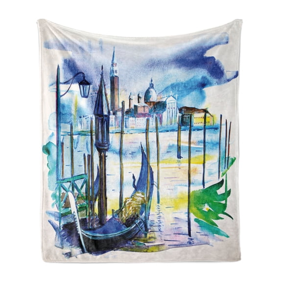 Landscape Soft Flannel Fleece Blanket, View with Boat in Venice Italy Landmark Seascape Scenic Watercolor Paint, Cozy Plush for Indoor and Outdoor Use, 60" x 80", Blue Purple Green, by Ambesonne