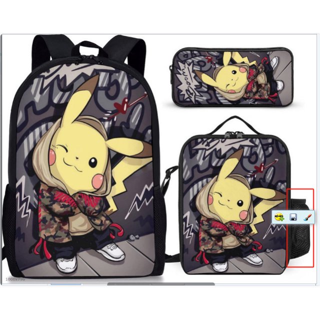 Cartoon Backpack Pocket Monsters Pokémon Elf Baby Primary And Secondary School Students Large Capacity School Bag Three-Piece Set 40 by Bomveson. This three-piece set includes a backpack, pencil bag, and small satchel, all featuring a cheerful yellow cartoon character in a hoodie and camouflage jacket, set against a graffiti-style background. The backpack has a spacious main compartment, side mesh pockets, and adjustable straps for comfort, while the pencil bag and satchel provide extra storage for school supplies. Ideal for primary and secondary school students.
