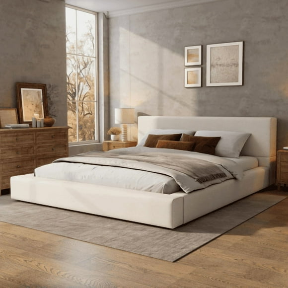 King Size (76" x 80") Upholstered Platform Bed With Thickened Beige Linen Headboard & Footboard, No Box Spring Needed, Contemporary Cozy Bedroom Furniture for Bedroom, Beige
