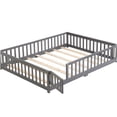 thumbnail image 5 of Twin Size Floor Bed Frame with Safety Door Guardrail, Low Profile Solid Wood Platform Bed with Fence, Gray, 5 of 8