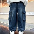 thumbnail image 5 of Boys Jeans with Pockets Elastic Waist Casual Wide Leg Baggy Kids Denim Pants Dark Blue 6, 5 of 5