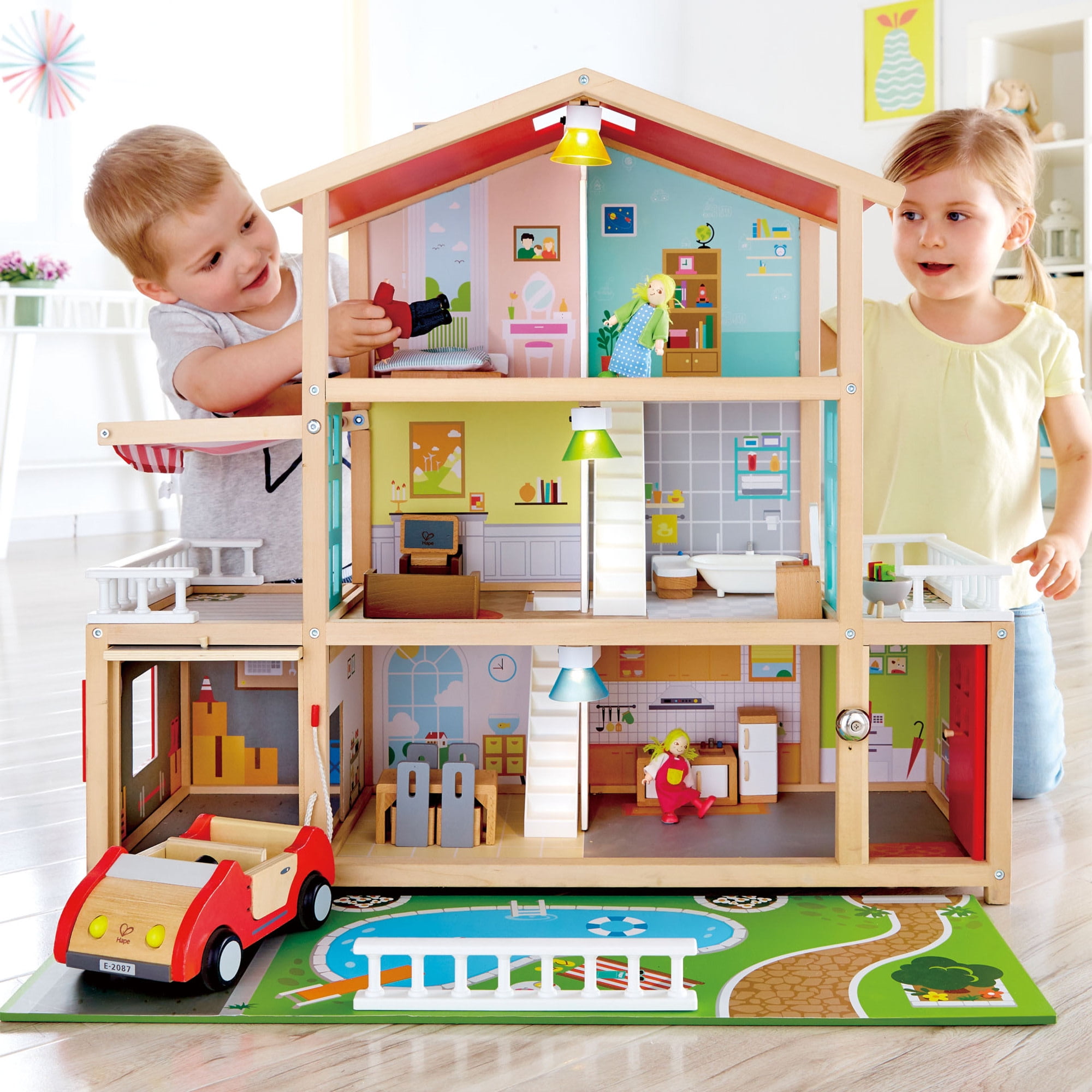 Hape Little Room Pretend Play 3 Story Wooden Doll House W/ Light