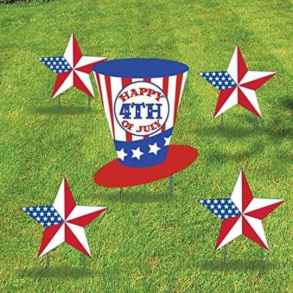 Happy 4th of July Uncle Sam Hat and American Flag Stars Yard Decorations