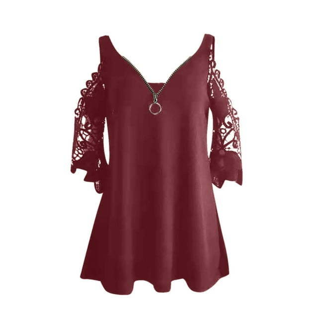 Tops de Blouse à Col Rond et à Fermeture Éclair en Demi-Manche pour Femmes
