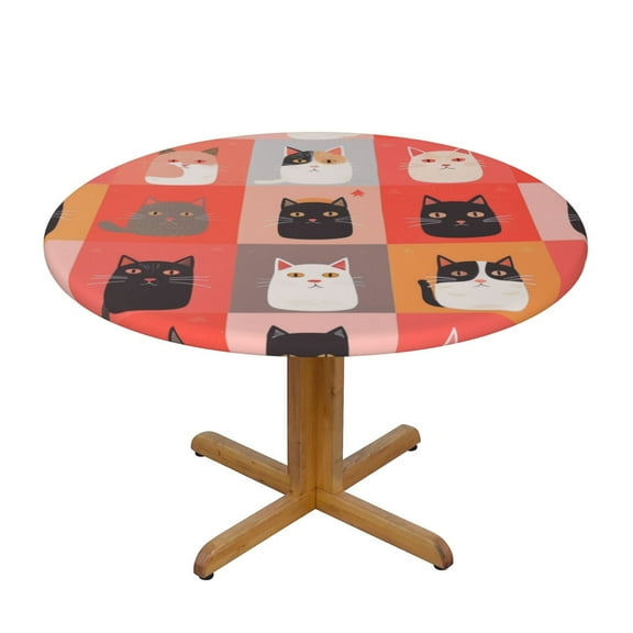 Cute Cat Meow Round Fitted Tablecloths Table Covers Wipeable Waterproof Elastic for Kitchen Dinning Parties Wedding Picnic Small Fits 40-44 Inch Table Size