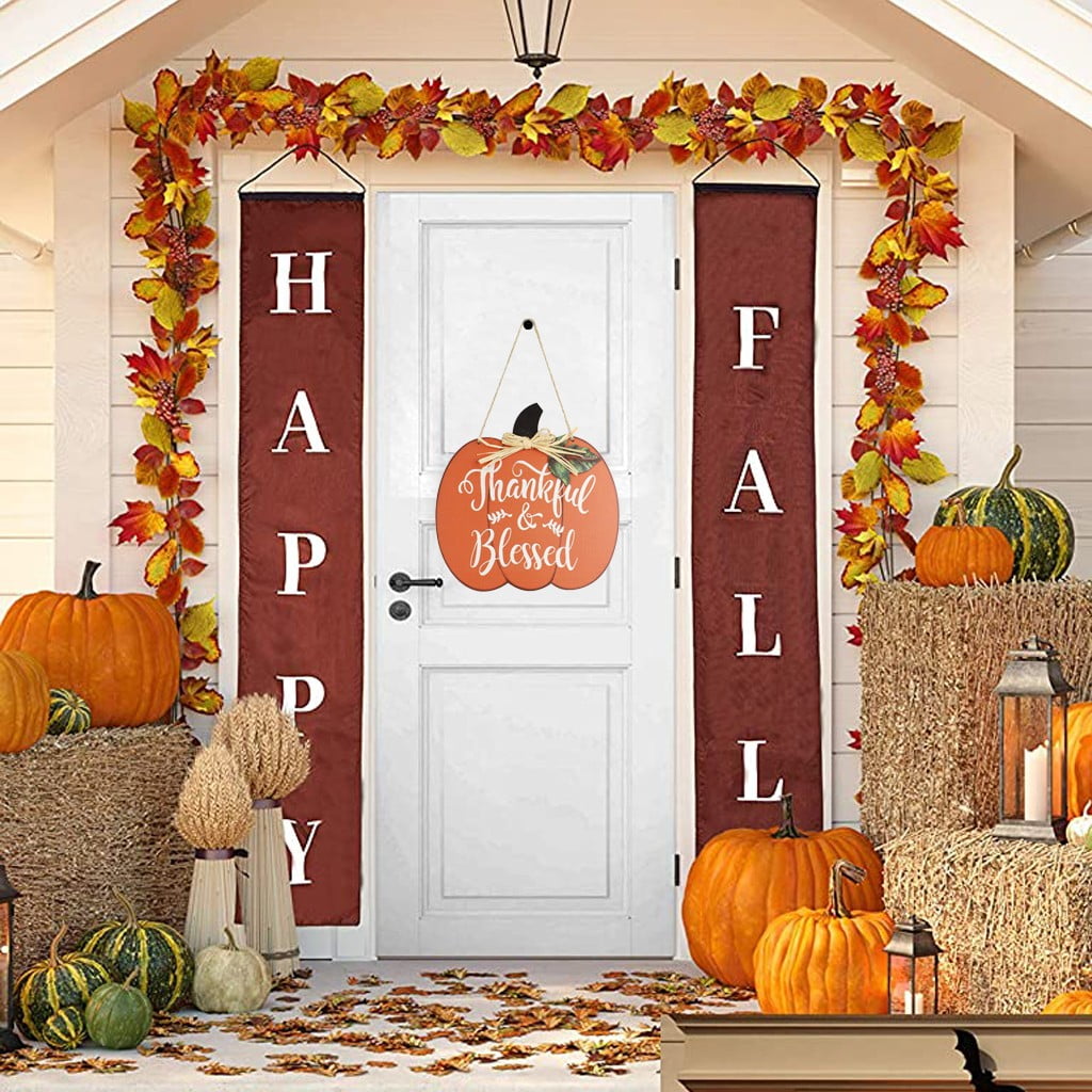 Wood Pumpkin Door Hanging Fall Thanksgiving Holiday Decoration 10"H 