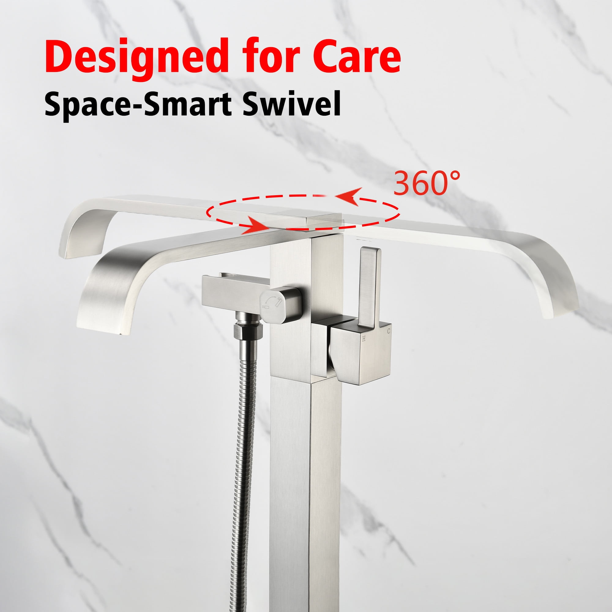 SUMERAIN Modern Floor Mount Bathtub Faucet in Brushed Nickel Finish, Single Handle Waterfall Freestanding Bathroom Tub Filler Faucet with Hand Shower, High Flow