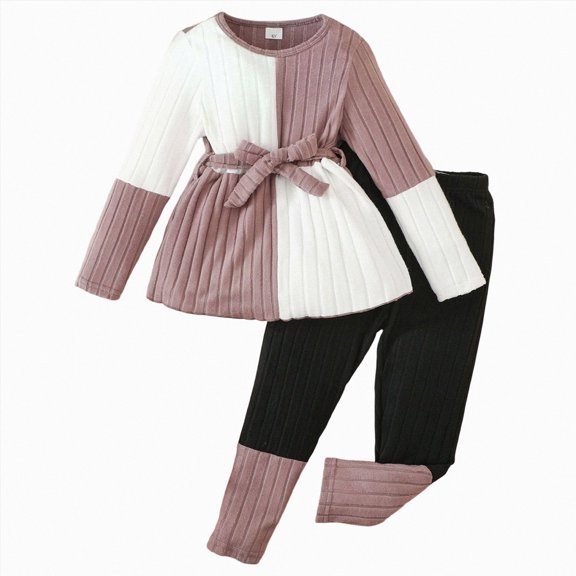 ZIXKCGDSE Outfits for Girls Long Sleeve Color Block Tops and Pants Fall Fashion Clothing Set Size 2-3 Years