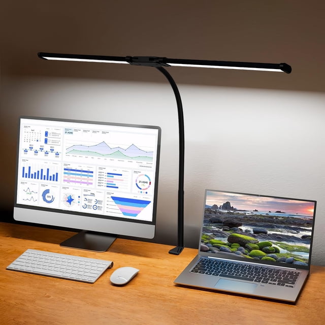 Lámpara de Escritorio LED, Lámpara de Mesa con Diseño de Doble Cabezal, 3 Modos, Atenuación Continua, Lámparas para Escritorio con Cuello de Cisn