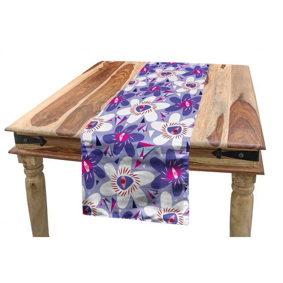 Floral Table Runner, Lilac Pattern with Blooming Cartoon Petals Geometric Shapes Abstract Illustration, Dining Room Kitchen Rectangular Runner, 3 Sizes, by Ambesonne
