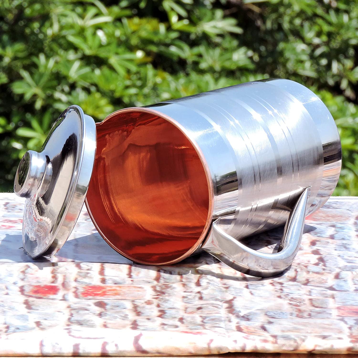 Outer Stainless Steel and Inner Copper Pitcher with Lid UNLINED, UNCOATED and LACQUER Free, Carries 1.7 Lt. (57.48 US Fl Oz) Water