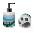 thumbnail image 2 of Ambesonne Tropical Soap Dispenser & Toothbrush Holder Set, Exotic Hawaii Wooden Pier, 2 Pcs, Blue and Brown, 2 of 6