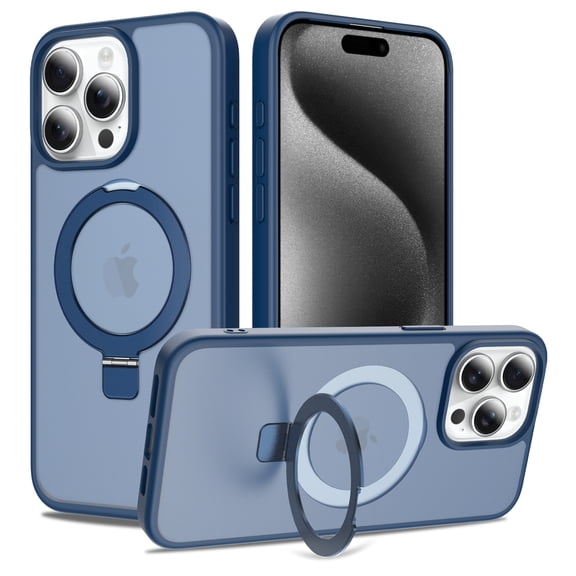 Dteck Magnetic Case for iPhone 15 Pro Max,Shockproof Matte Translucent PC Case Compatible with Mag Safe Ring Holder Kickstand Silicone Bumper Cover for iPhone 15 Pro Max,Blue