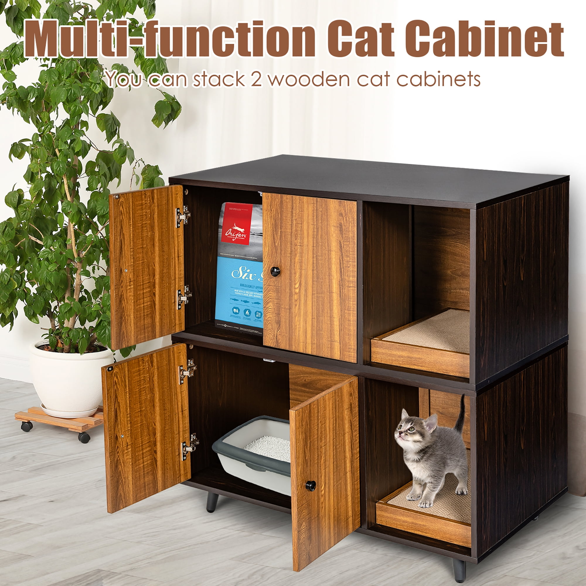 Costway Cat Litter Box Enclosure Cat Washroom Hidden Litter Box Enclosure Coffee