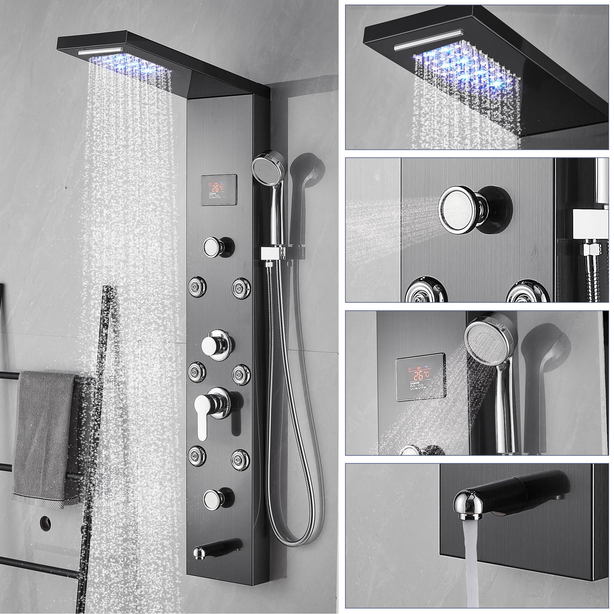 iktch Contemporary Shower Panel Tower System Stainless Steel 5Function Faucet LED Rainfall