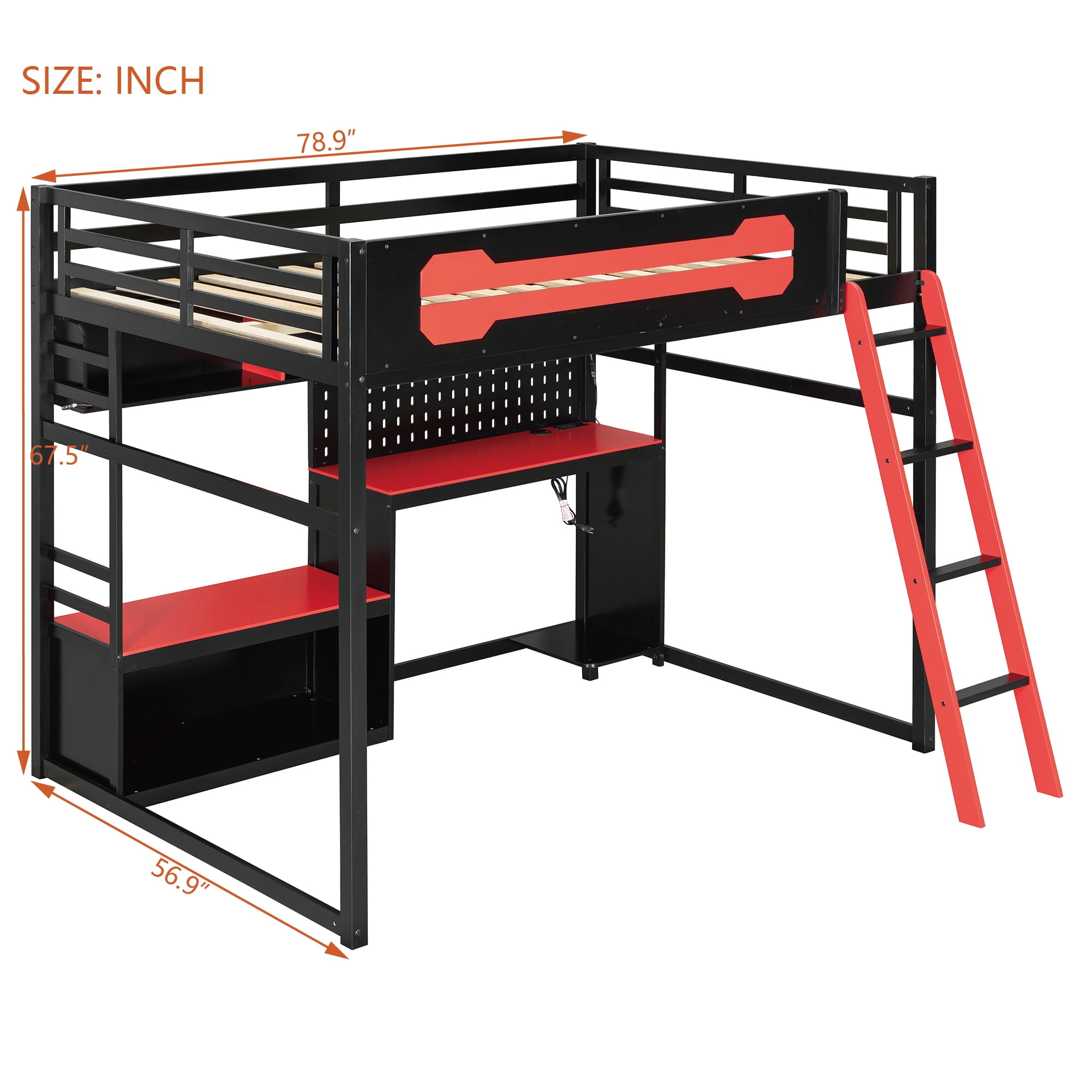 Mintazer Full Size Gaming Loft Bed with LED Lights, Charging Station, Desk, Pegboard and Storage Shelves for Boys Girls, Black & Red