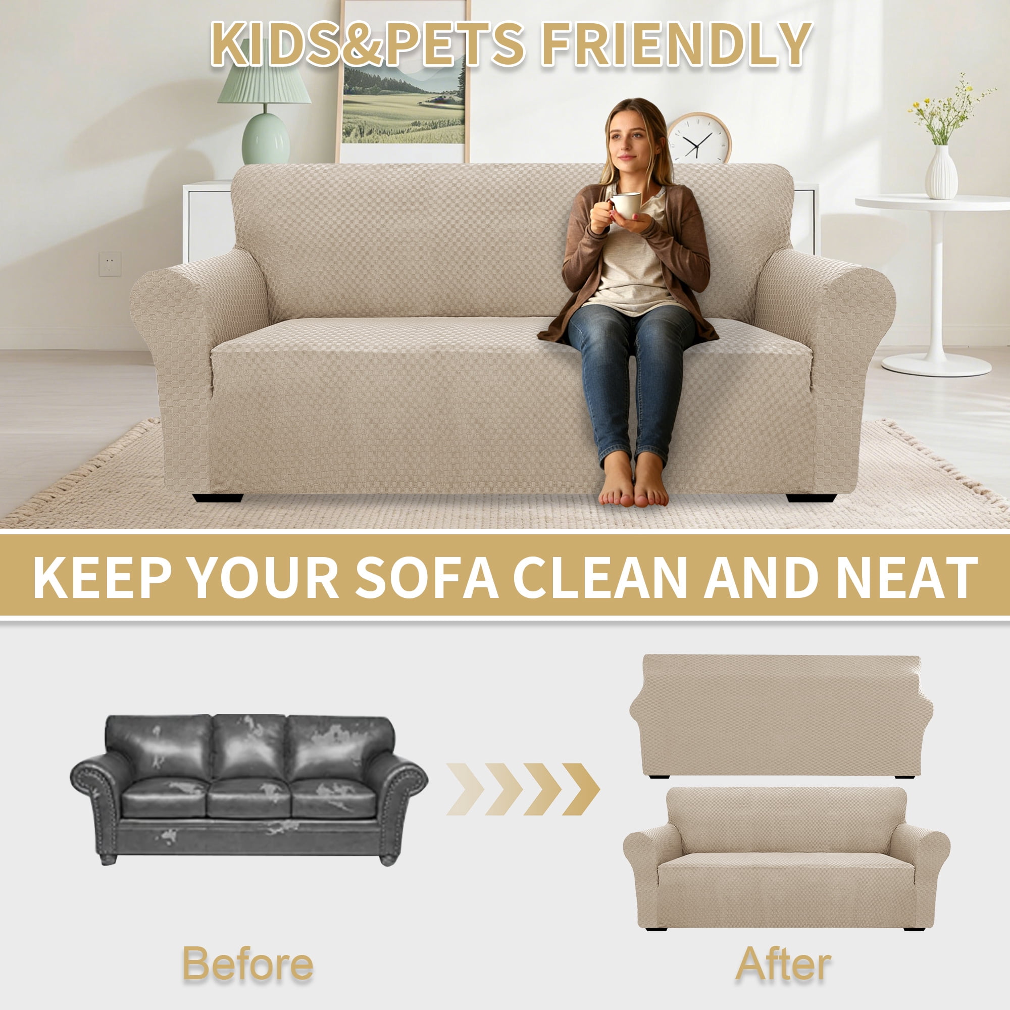 JIATER 1-Piece Sofa Cover Stretch Couch Cover Washable Sofa Slipcover Furniture Protector for Loveseat Sofa,Khaki