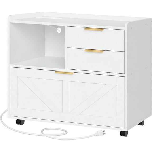 HOOBRO Lateral File Cabinet, Wooden Office Cabinet Drawers with Charging Station, Filing Cabinet for Home Office, A4/Letter/Legal-Sized Files, Printer Stand with Open Storage Spaces, White WT37UWJ01