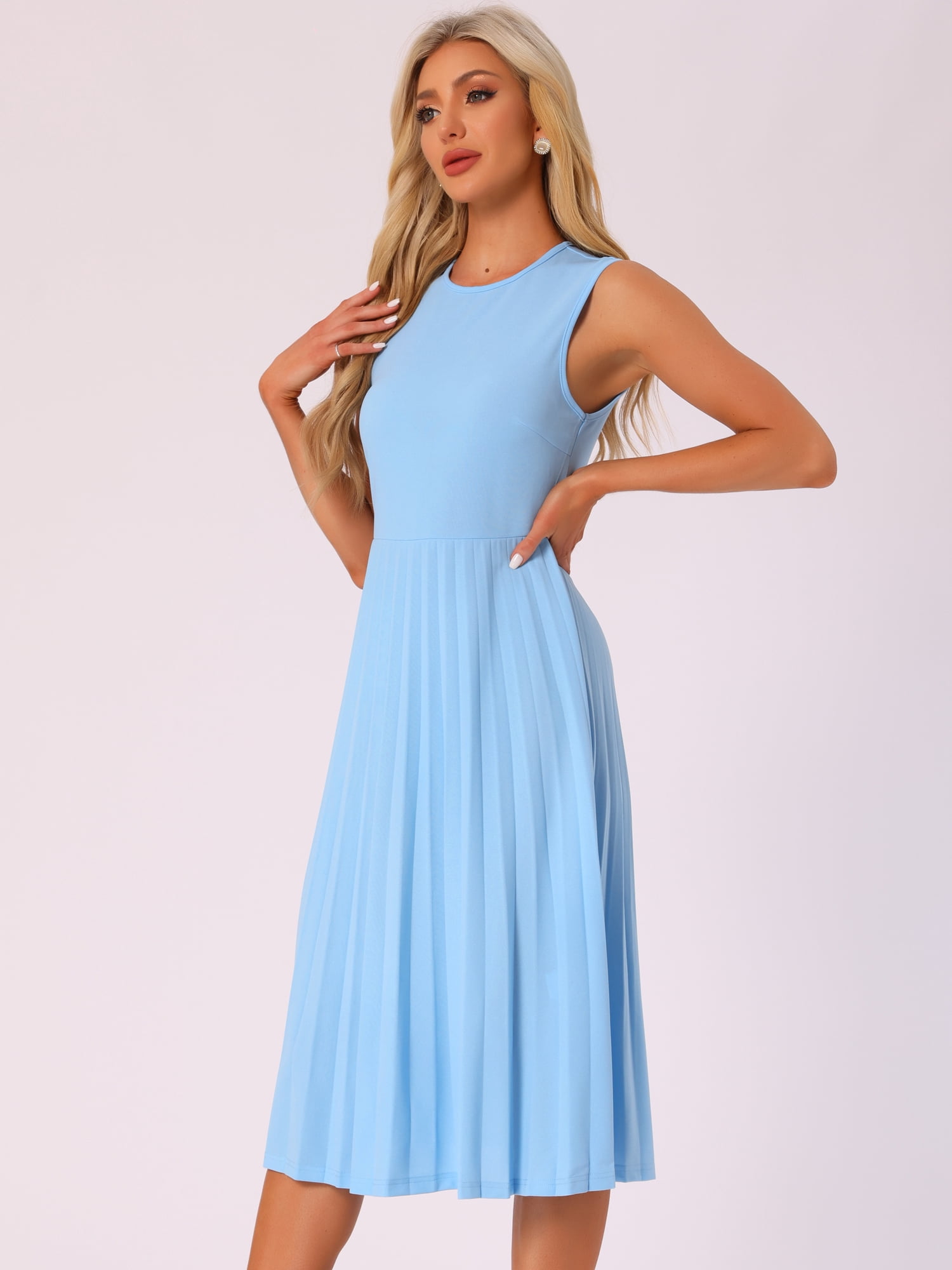 DARING DIVA Sleeveless Pleated Ruffle Hem Crew Neck Dress M Light Blue