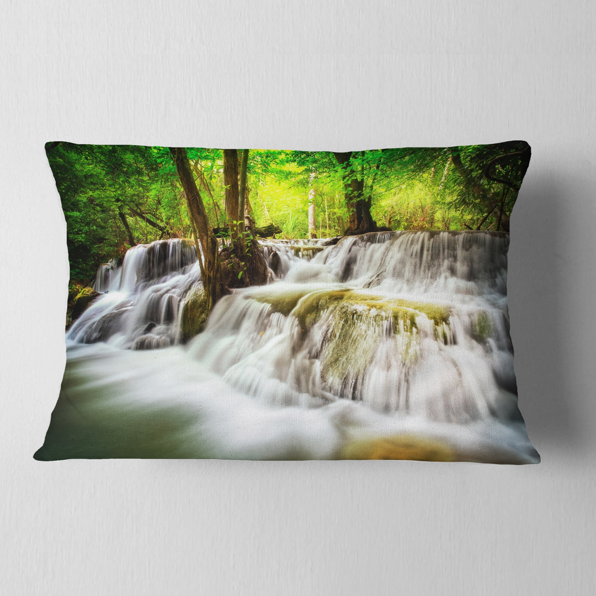 Designart Level Five of Erawan Waterfall - Landscape Printed Throw Pillow - 12x20