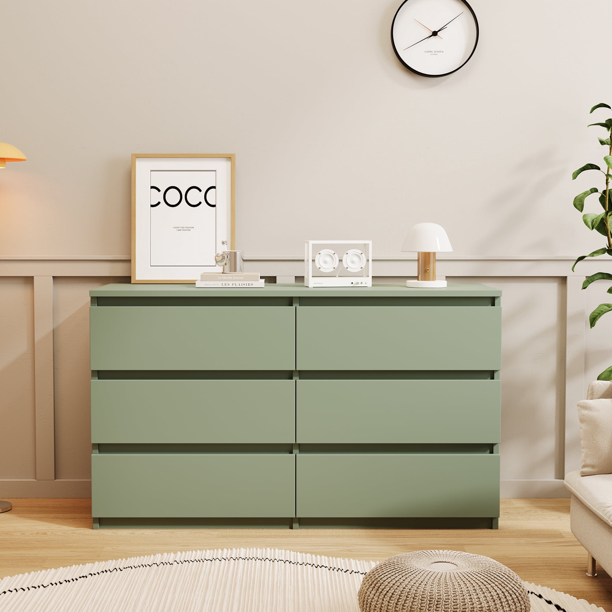 Lunale 6 Drawer Wide Dressers Chest for Bedroom, Storage Drawer Organizer with Modern Minimalist Design, Green