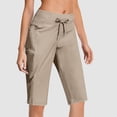 thumbnail image 2 of iHPH7 Women's Pedal Pushers Capri Pants Casual Drawstring Waist Elastic Pull-on with Cargo Pockets Side Slits Lightweight Comfortable Summer Lounge Everyday Active Wear Cropped Length Beige L, 2 of 8
