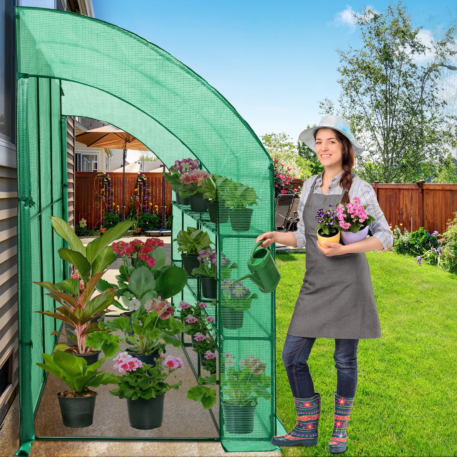 EAGLE PEAK 10x5x7ft Outdoor Lean to Walk-in Greenhouse with Shelf, Green