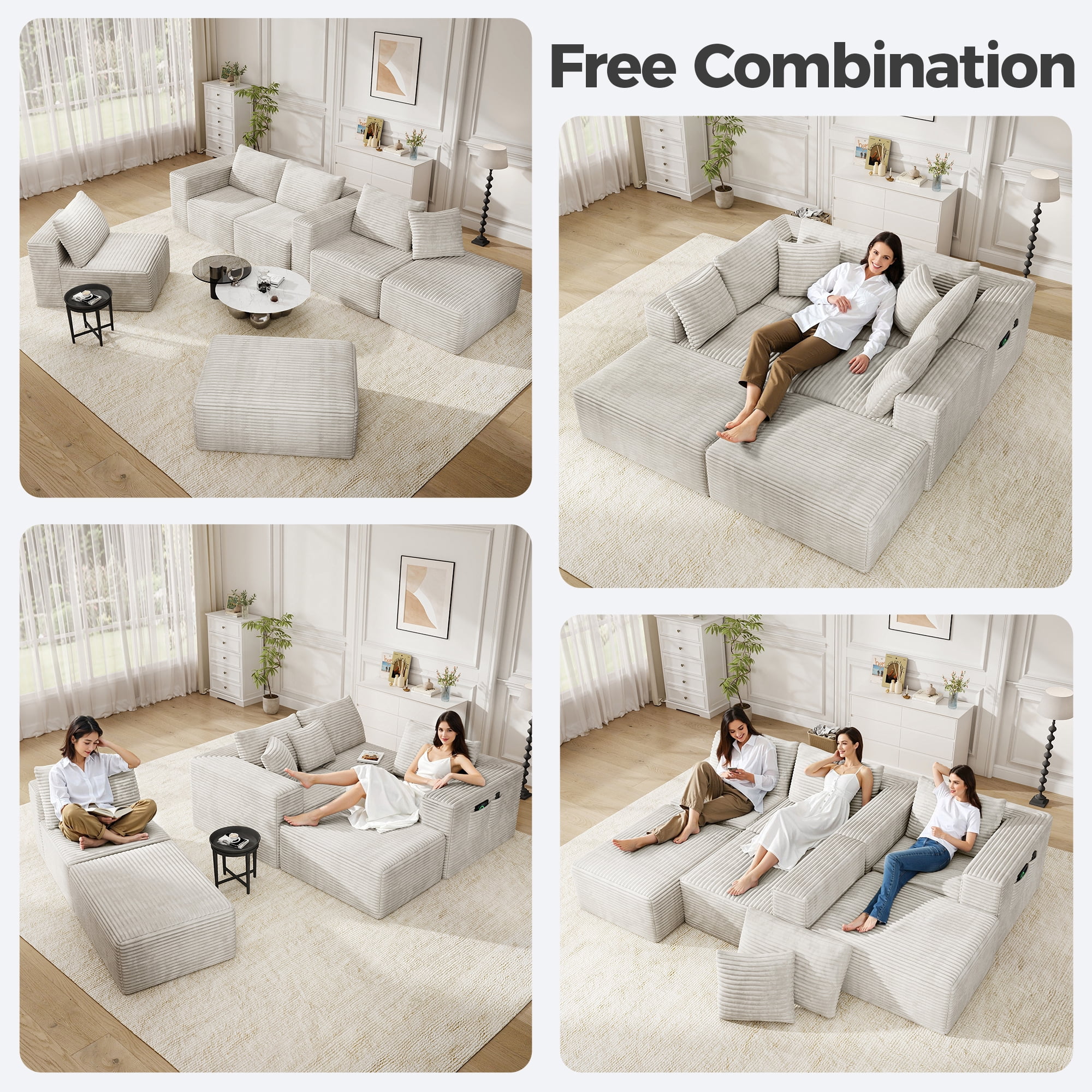 137" U-Shaped Sectional Sofa with Chaise, Modular Cloud Sectional Couch with Deep Seat for Living Room, Modern Boneless Couch with Back Cushion, Pillow, Ottoman, No Assembly Required, Corduroy Fabric