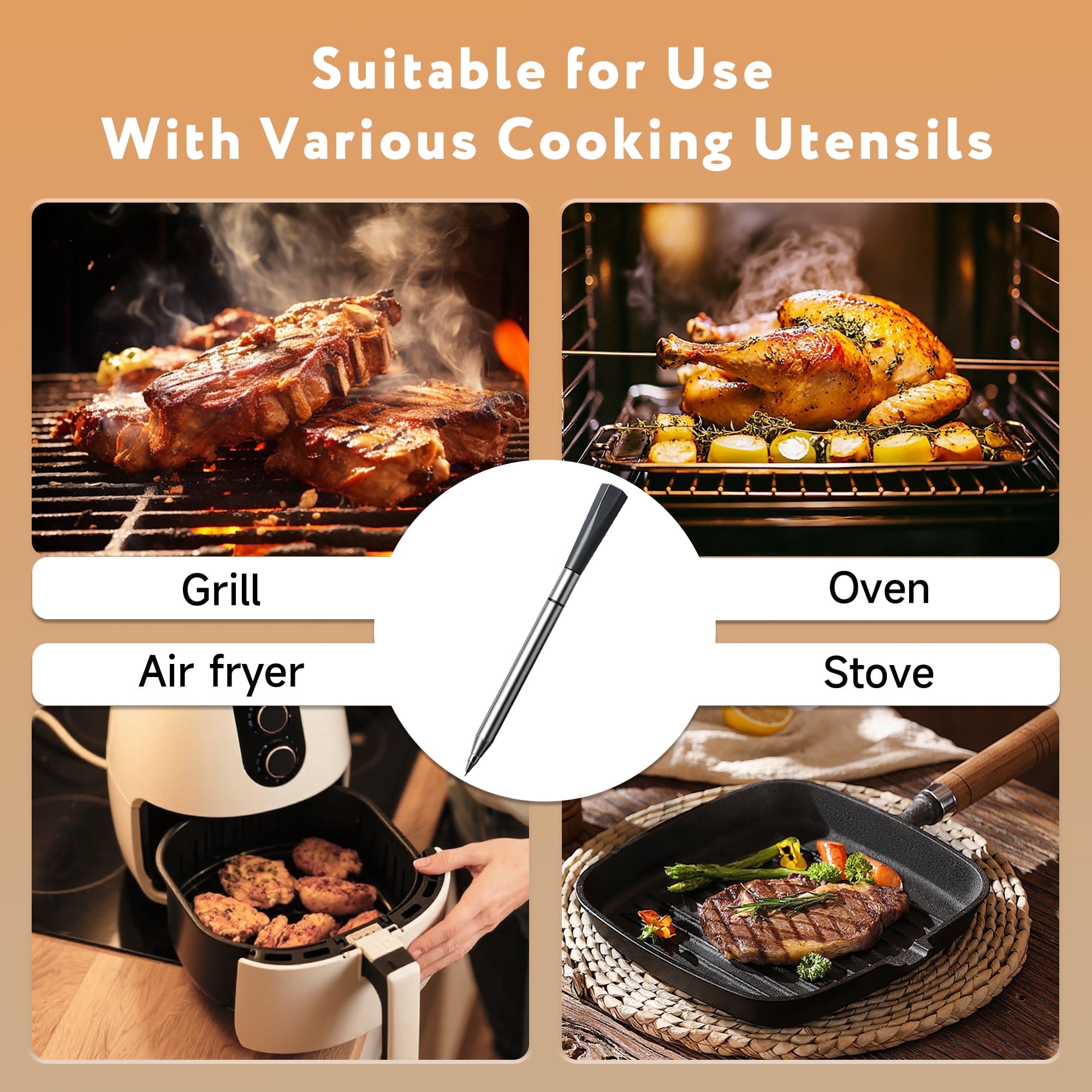 Smart Wireless Meat Thermometer with 500FT Bluetooth Range, App Remote Monitoring, Time Reminder, for Cooking, Baking, Oven, Grill and More