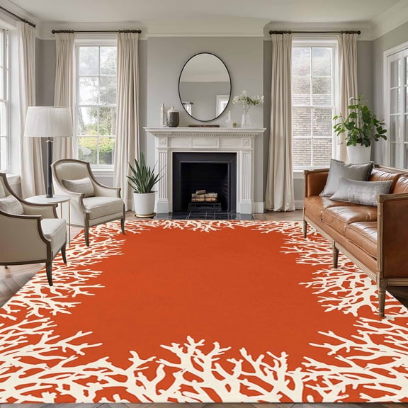 Area Rug for Living Room, Coastal Coral Non-Slip Indoor Large Carpet for Bedroom/Dining Room, Orange White Ocean Marine Nautical Beach Washable Low-Profile Rectangle Floor Runner Rugs - 5 x 8 Ft