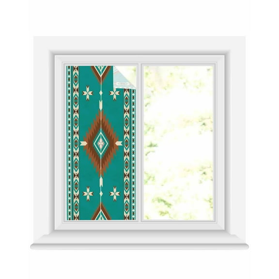 Window Privacy Film, Teal Brown Boho Southwestern Sun Blocking Window Tint Film Heat Control One Way Blackout Window Film, Retro Ethnic Tribe Geometric Texture Non Adhesive Static Cling 19.6x39.3 In